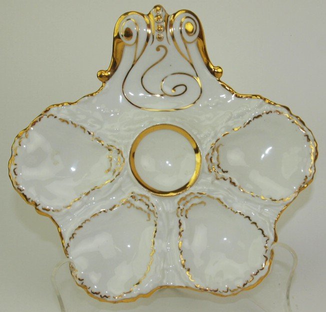 J.W. Boteler 4 well porcelain oyster plate with gold: J.W. Boteler 4 well porcelain oyster plate with gold trim, 8 7/8", ref: Karsnitz pg. 58