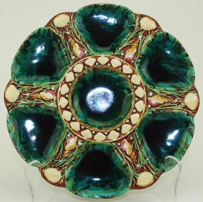 Minton Majolica 6 well malachite oyster plate 9", shape (1 of 1)