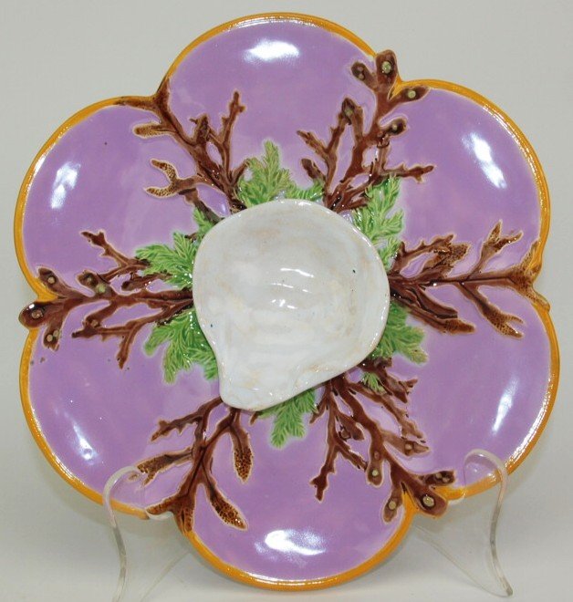 George Jones Majolica 6 well oyster plate pink wells: George Jones Majolica 6 well oyster plate pink wells and white raised center well, ref: Karsnitz pg. 44, 10"