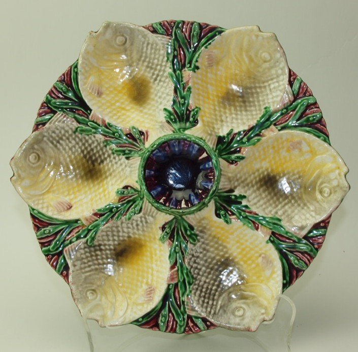 Minton RARE Majolica fish oyster plate, 6 wells, 11 (1 of 1)