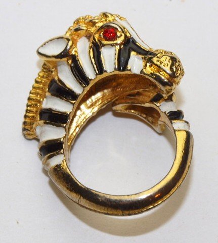 Enamel zebra ring with ruby eyes: Enamel zebra ring with ruby eyes