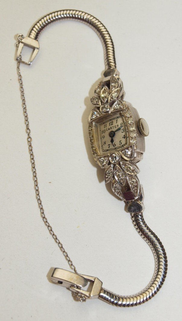 Carter 14K white gold and diamond ladies wrist watch,: Carter 14K white gold and diamond ladies wrist watch, 18.9g