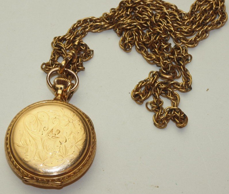Hampden hunters case pocket watch, Molly Stark with: Hampden hunters case pocket watch, Molly Stark with gold filled chain, 3/0s