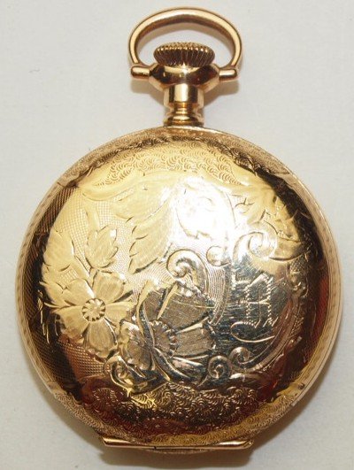Hampden hunters case pocket watch with pink and gold: Hampden hunters case pocket watch with pink and gold inlay face, 3/0s, Molly Stark