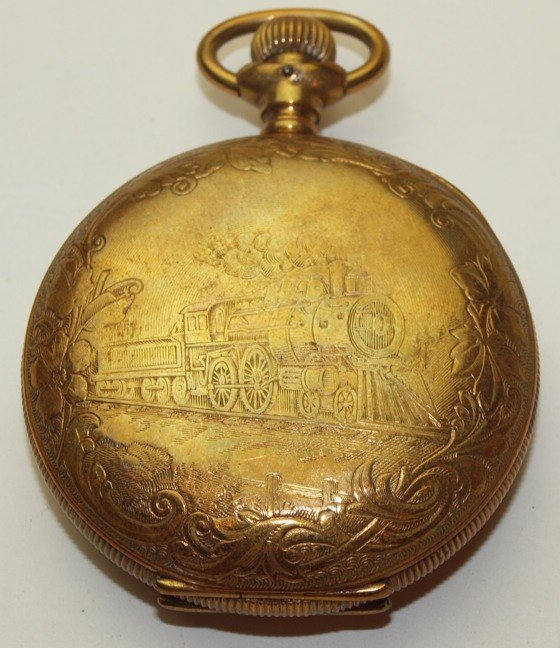 Illinois hunters case pocket watch with engraved train (1 of 2)