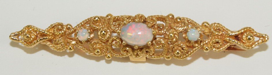 14K yellow gold brooch bar pin with opals, 6.1g (1 of 1)