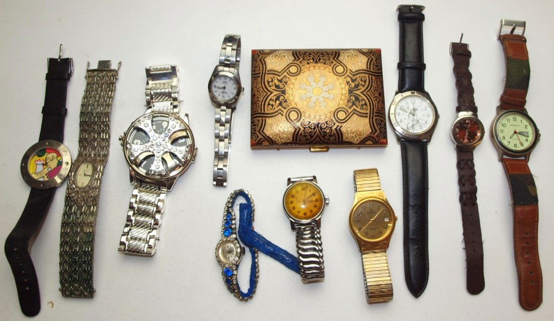 Lot of 10 watches and compact:  Geneva, Bulova, and (1 of 1)