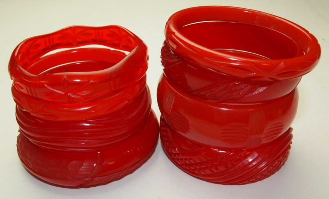 Bakelite lot of 8 red carved bangle bracelets (1 of 1)