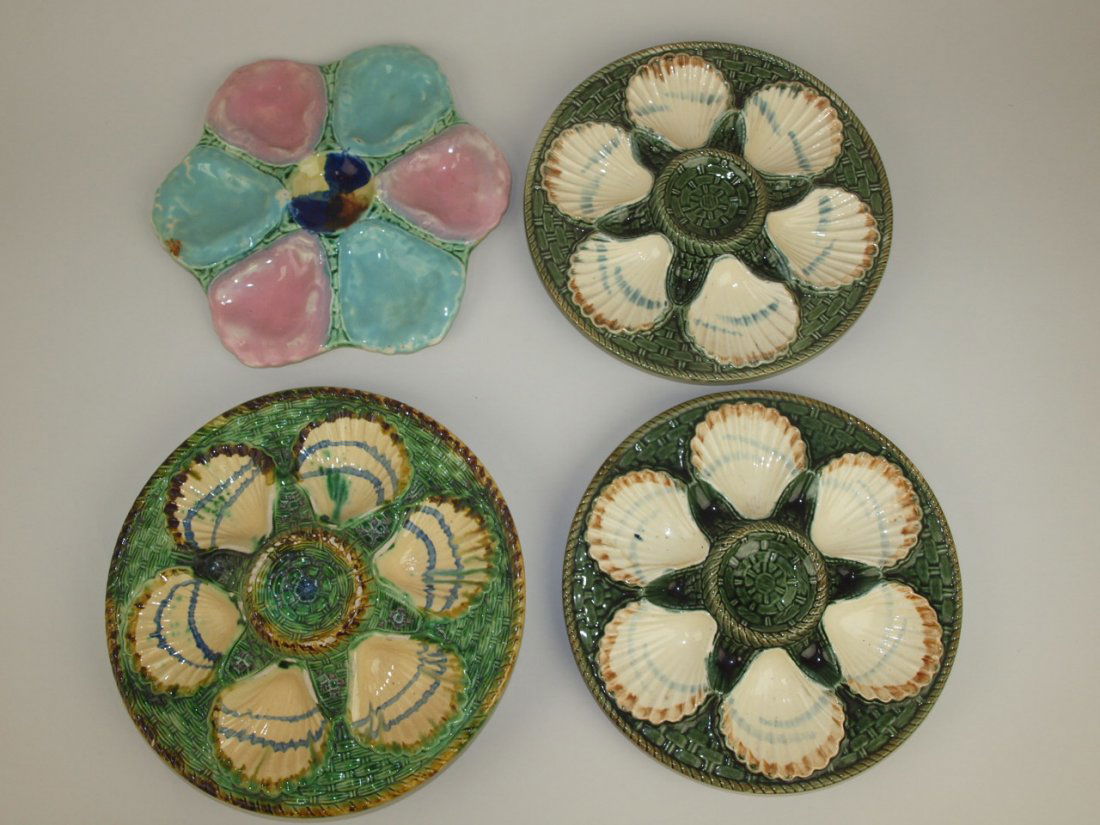 Majolica lot of 4 oyster plates, various conditions (1 of 1)