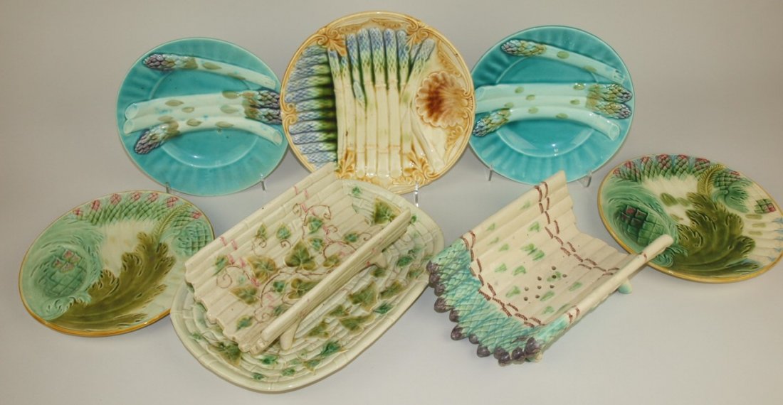 Majolica lot of 5 asparagus plates, cradle, and platter: Majolica lot of 5 asparagus plates, cradle, and platter with cradle