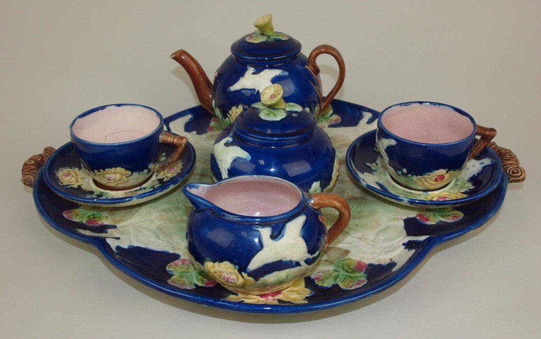 Majolica tea set with tray, teapot, cream, sugar, and (1 of 3)