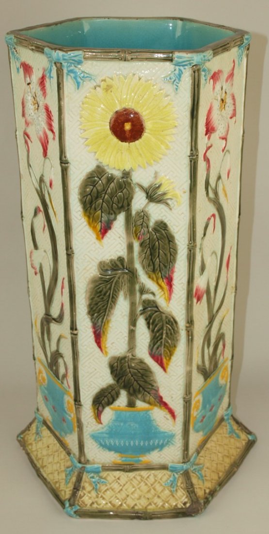 Fielding Majolica sunflower, iris and urn umbrella: Fielding Majolica sunflower, iris and urn umbrella stand, chips to base, 21"