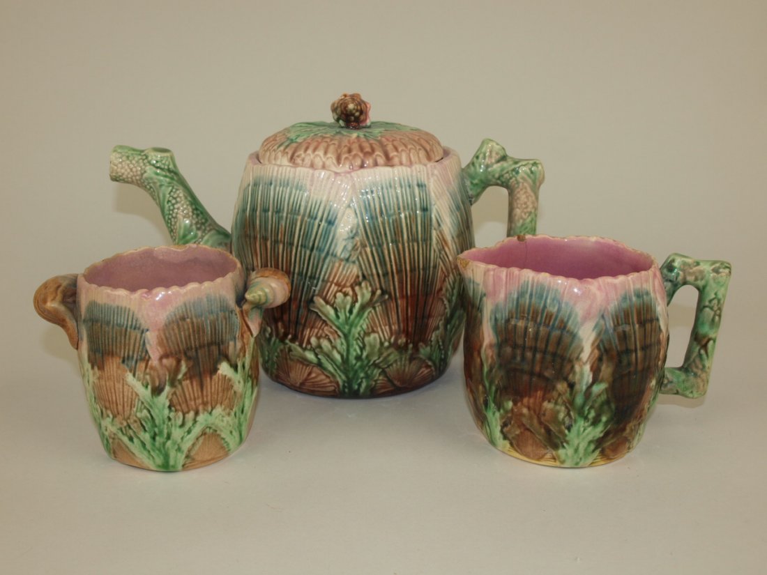 Etruscan Majolica shell & seaweed coffee pot, spooner, (1 of 1)