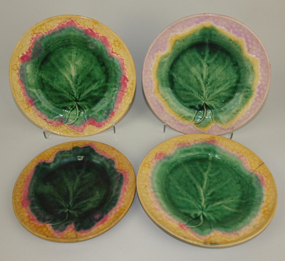 Etruscan Majolica maple leaf on basket lot of 4 plates, (1 of 1)