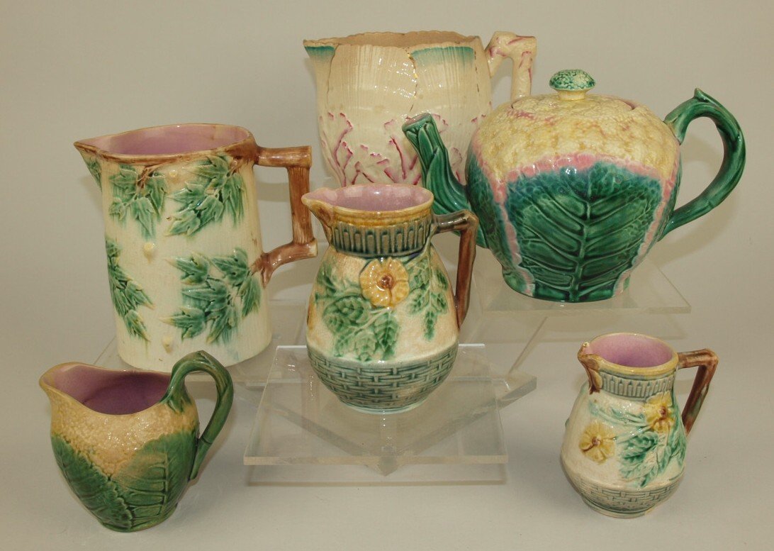 Etruscan Majolica lot of 6: teapot & 5 pitchers, (1 of 1)