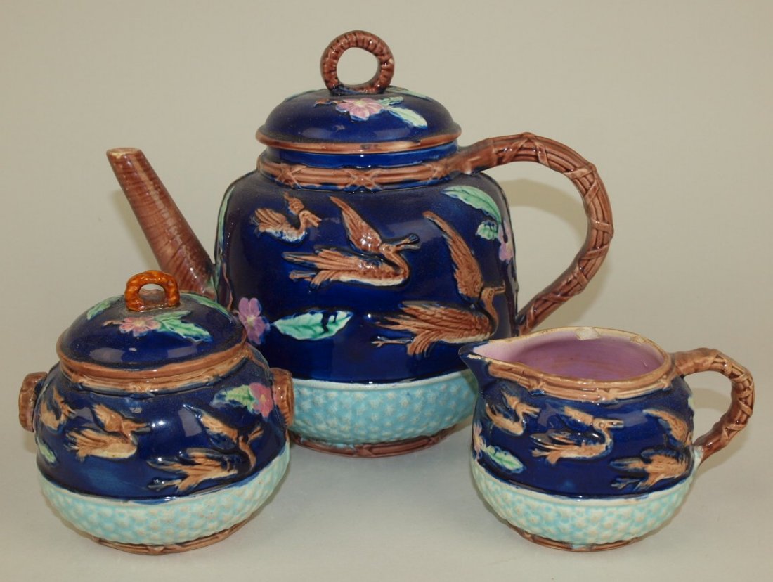 Majolica cobalt flying crane and floral 3 pc teaset, (1 of 2)