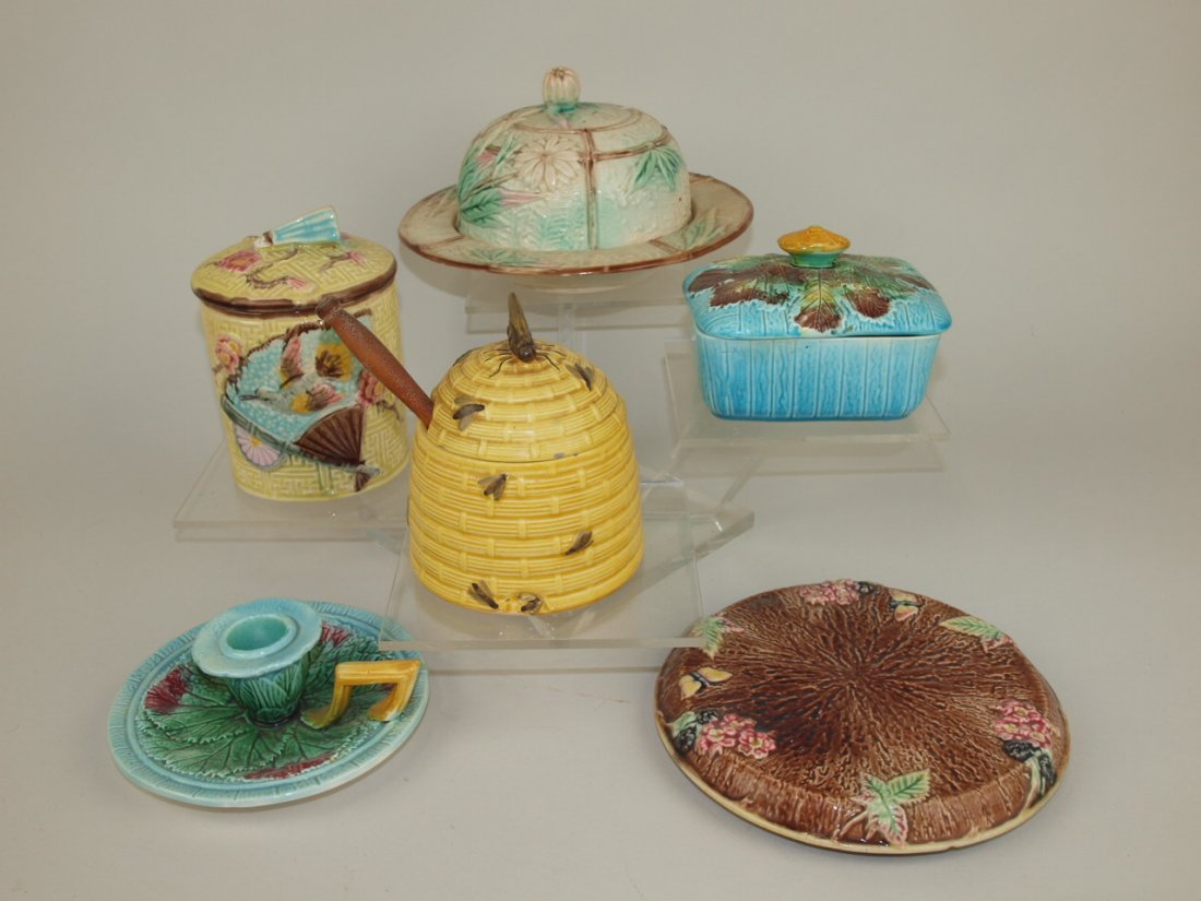 Majolica lot of 6 items: butter dish, humidor, box, (1 of 1)