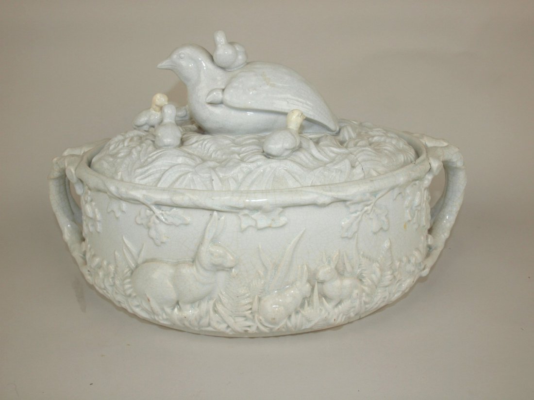 George Jones ironstone full nest game dish, repair to: George Jones ironstone full nest game dish, repair to chicks, chip & hairline to lid & base