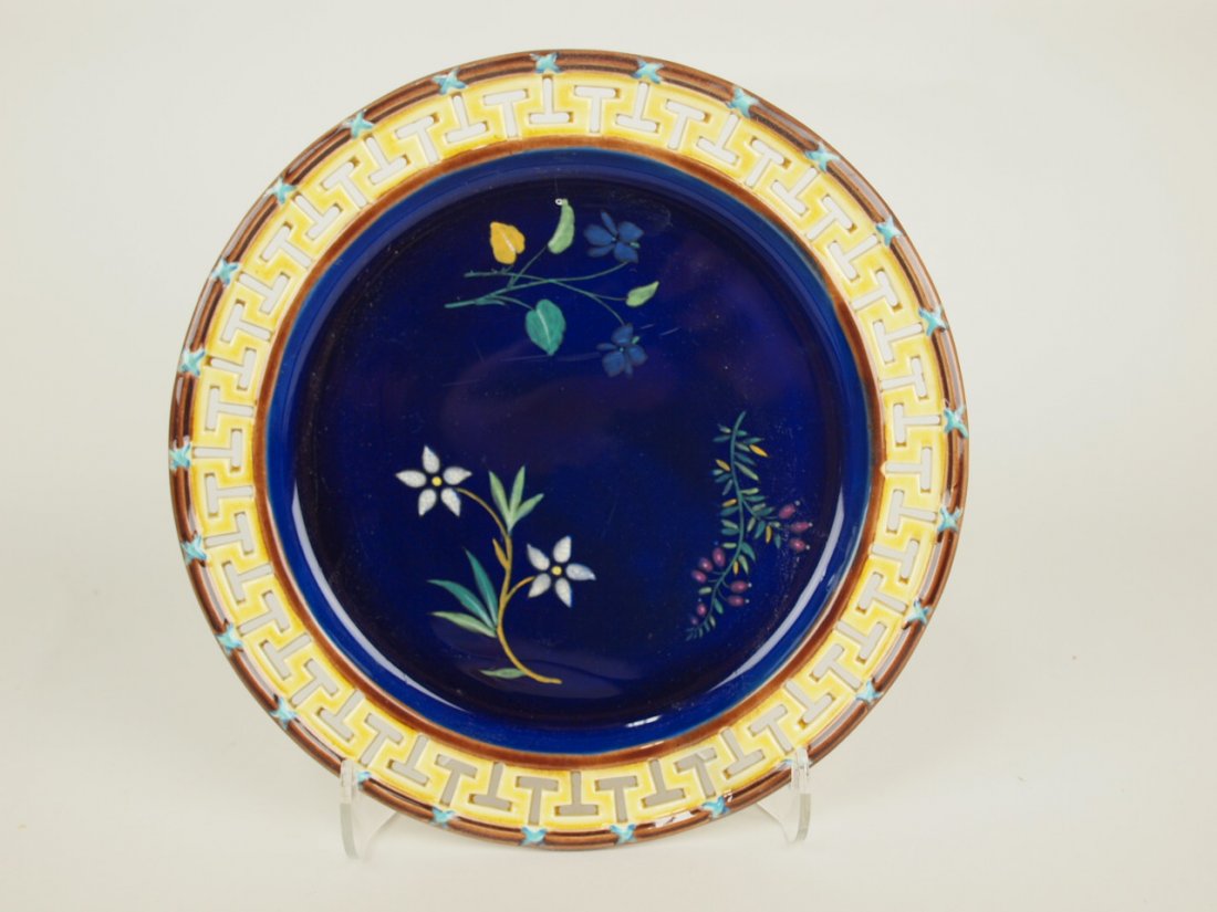 Wedgwood Majolica cobalt botanical plate with: Wedgwood Majolica cobalt botanical plate with reticulated rim, 8 3/4"