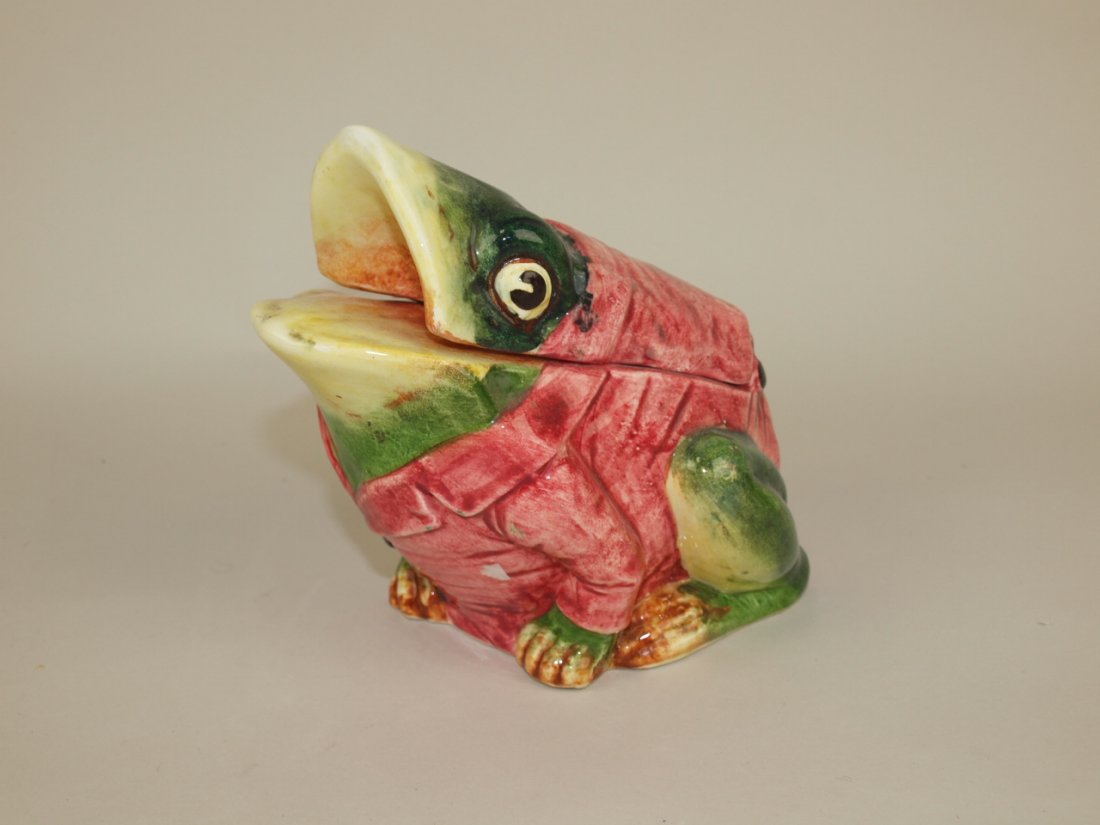 Majolica crouching frog with red smoking jacket figural (1 of 1)