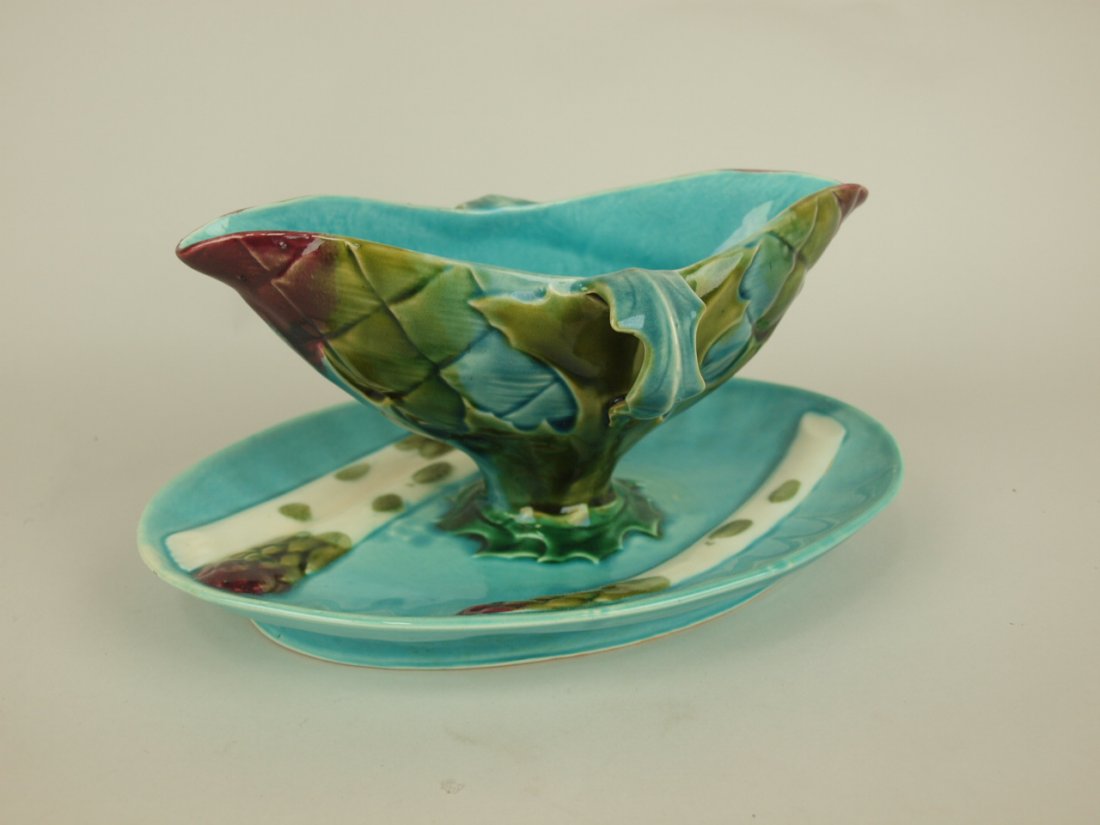 French Majolica asparagus sauce boat on stand: French Majolica asparagus sauce boat on stand
