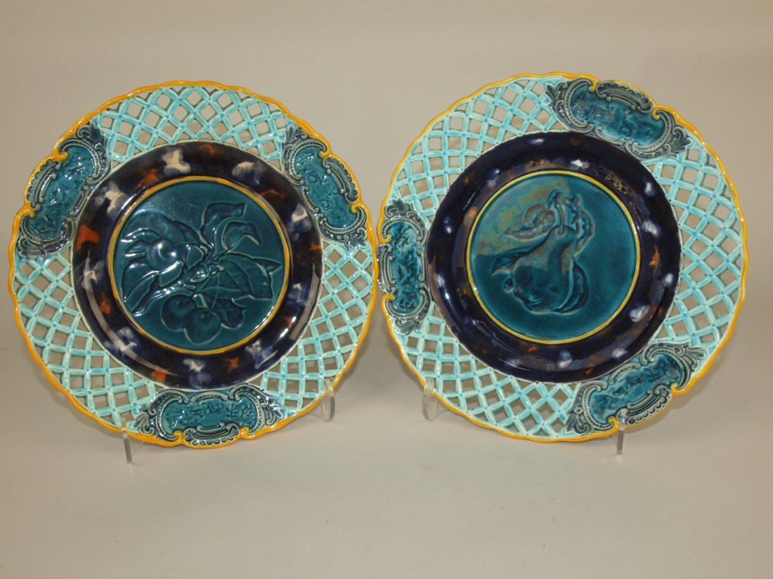 Wedgwood Majolica pair of plates with fruit center and (1 of 1)
