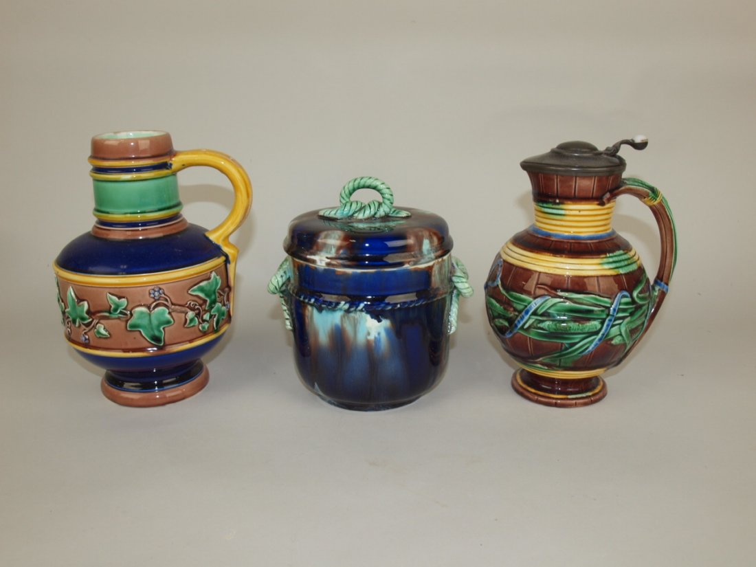 Wedgwood Majolica lot of 2 pitchers and one covered jar (1 of 1)