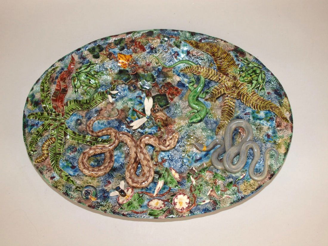 Geoffrey Luff contemporary Palissy tray with snakes, (1 of 4)