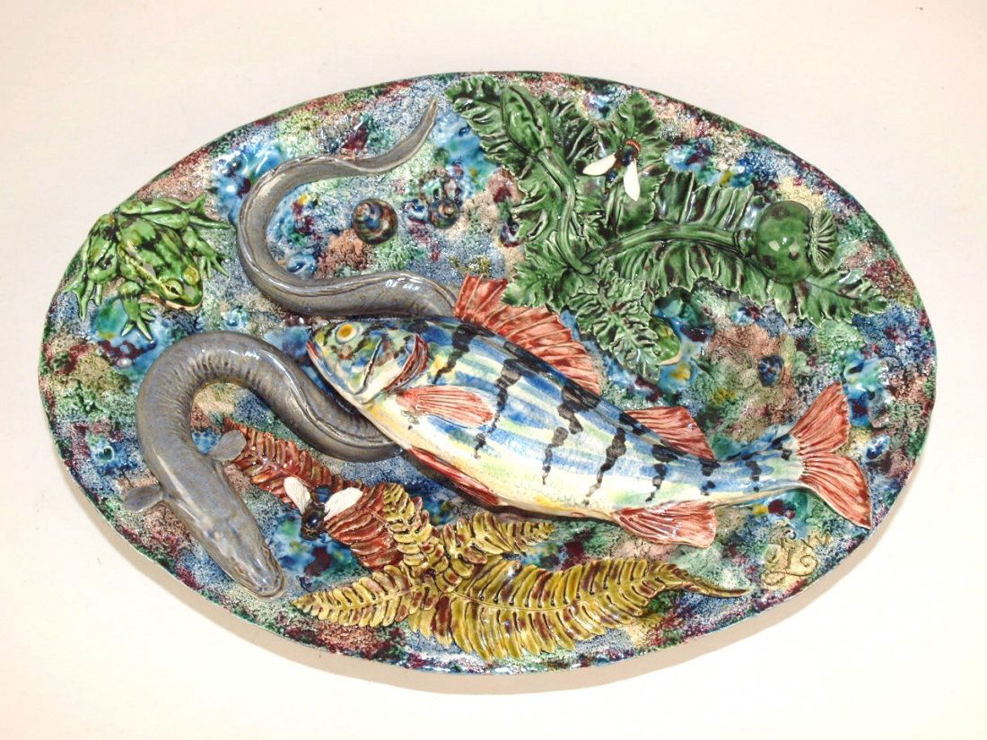 Geoffrey Luff contemporary Palissy tray with eel, fish, (1 of 3)