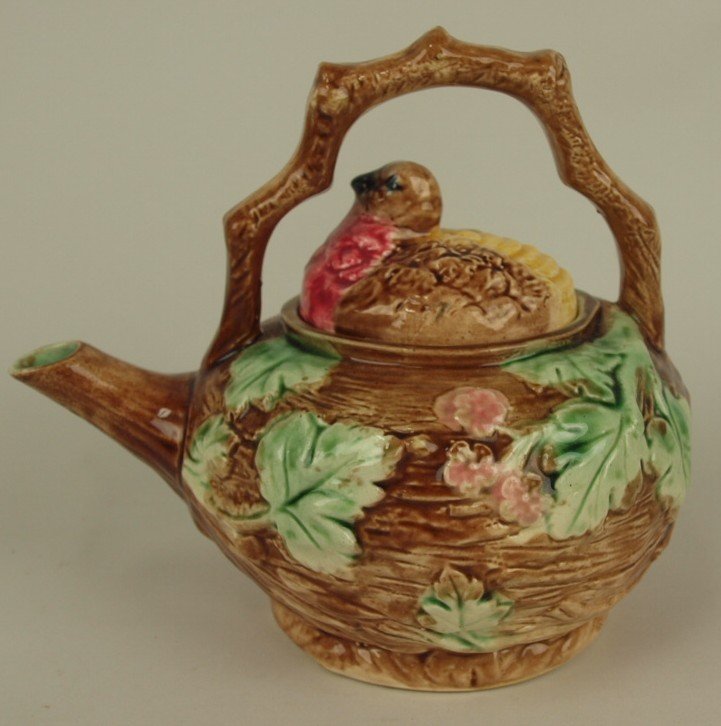 Majolica bird and bird's nest figural tea kettle, 7" (1 of 1)