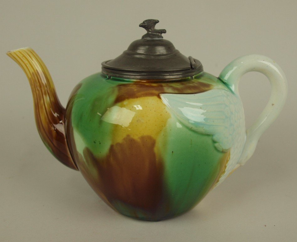 Majolica mottled teapot with swan handle and pewter lid: Majolica mottled teapot with swan handle and pewter lid