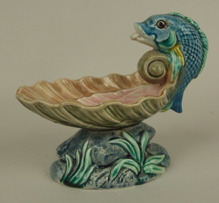 Majolica figural fish and shell salt, 4 1/2" (1 of 1)