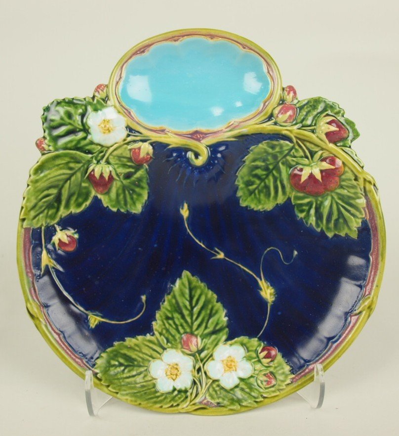 Minton Majolica cobalt strawberry plate, 8 1/4",: Minton Majolica cobalt strawberry plate, 8 1/4", professional hairline repair