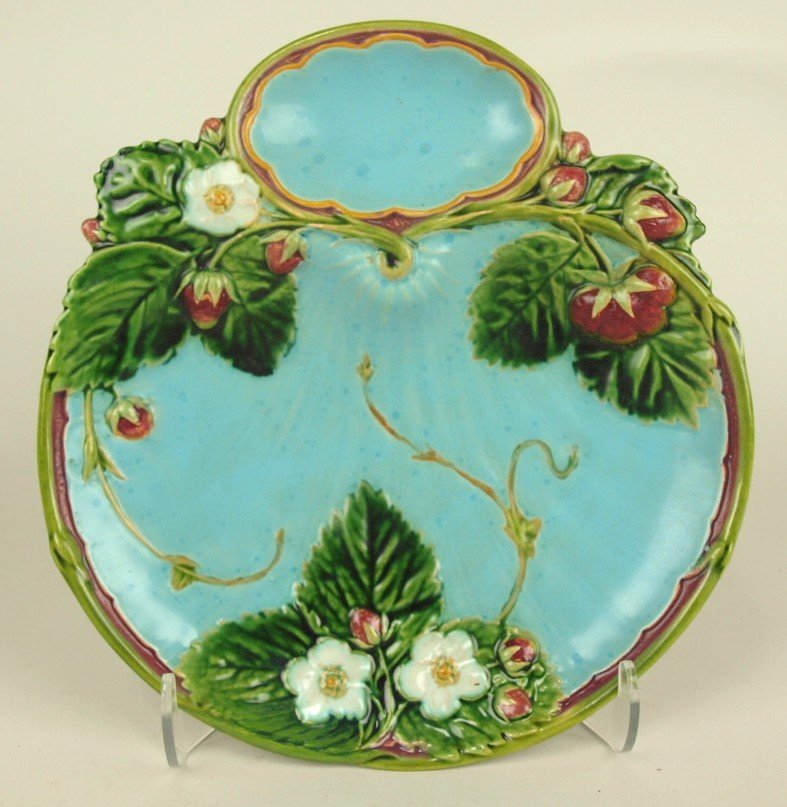 Minton Majolica turquoise strawberry plate, 8 1/4": Minton Majolica turquoise strawberry plate, 8 1/4" professional rim repair