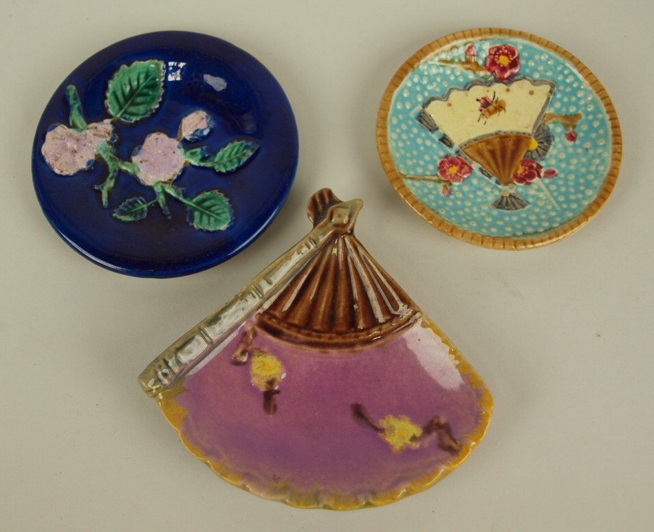 Majolica lot of 3 butter pots: Majolica lot of 3 butter pots