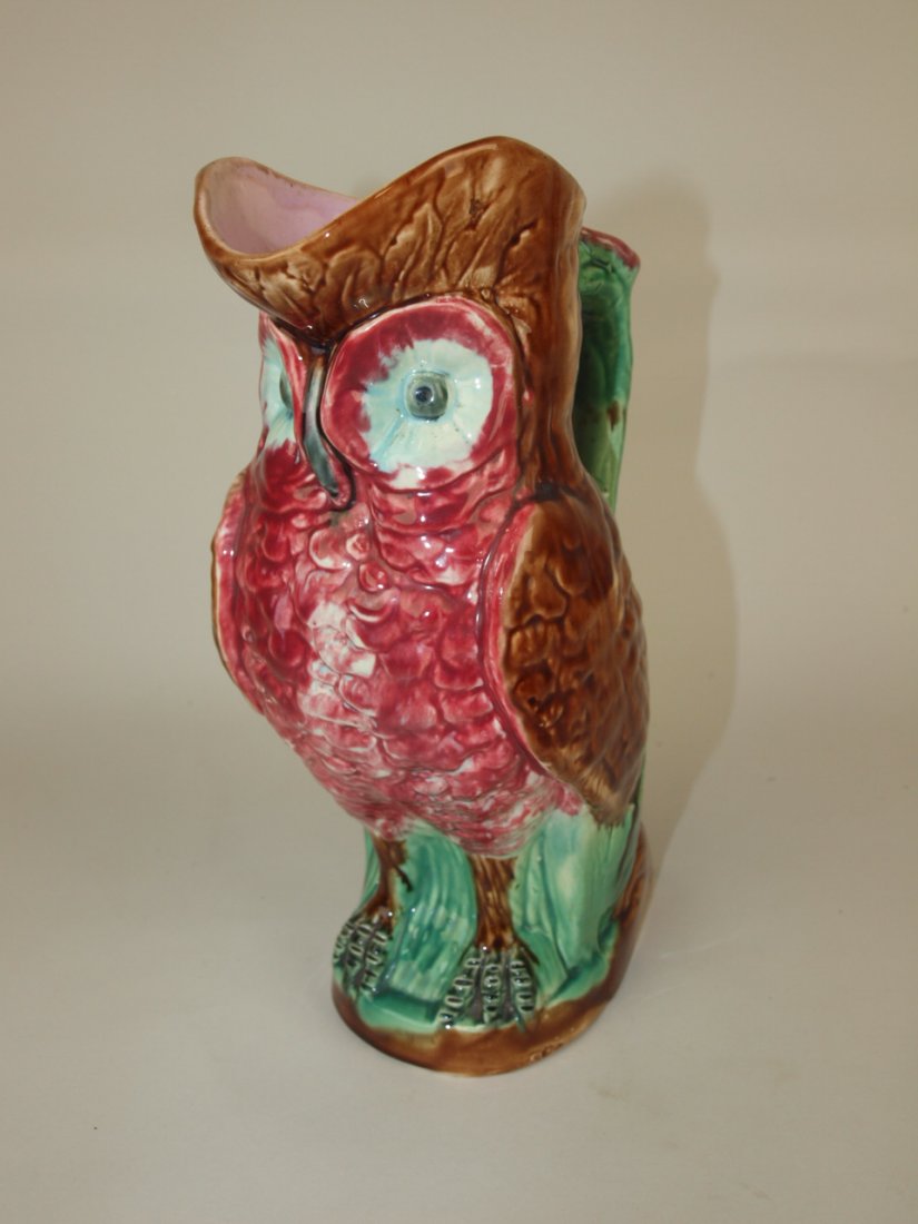 Majolica figural red breasted owl pitcher, 10 1/2" nice (1 of 1)