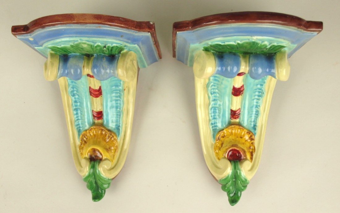 Royal Worcestor pair of Majolica bracket shelves,: Royal Worcestor pair of Majolica bracket shelves, professional repair, 7"