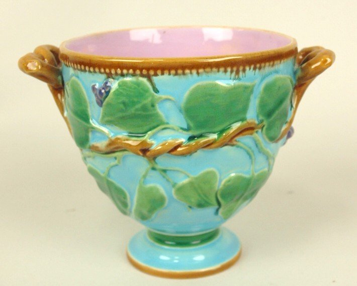 Minton Majolica small vase with vine handles, grape &: Minton Majolica small vase with vine handles, grape & vine decor, 4"
