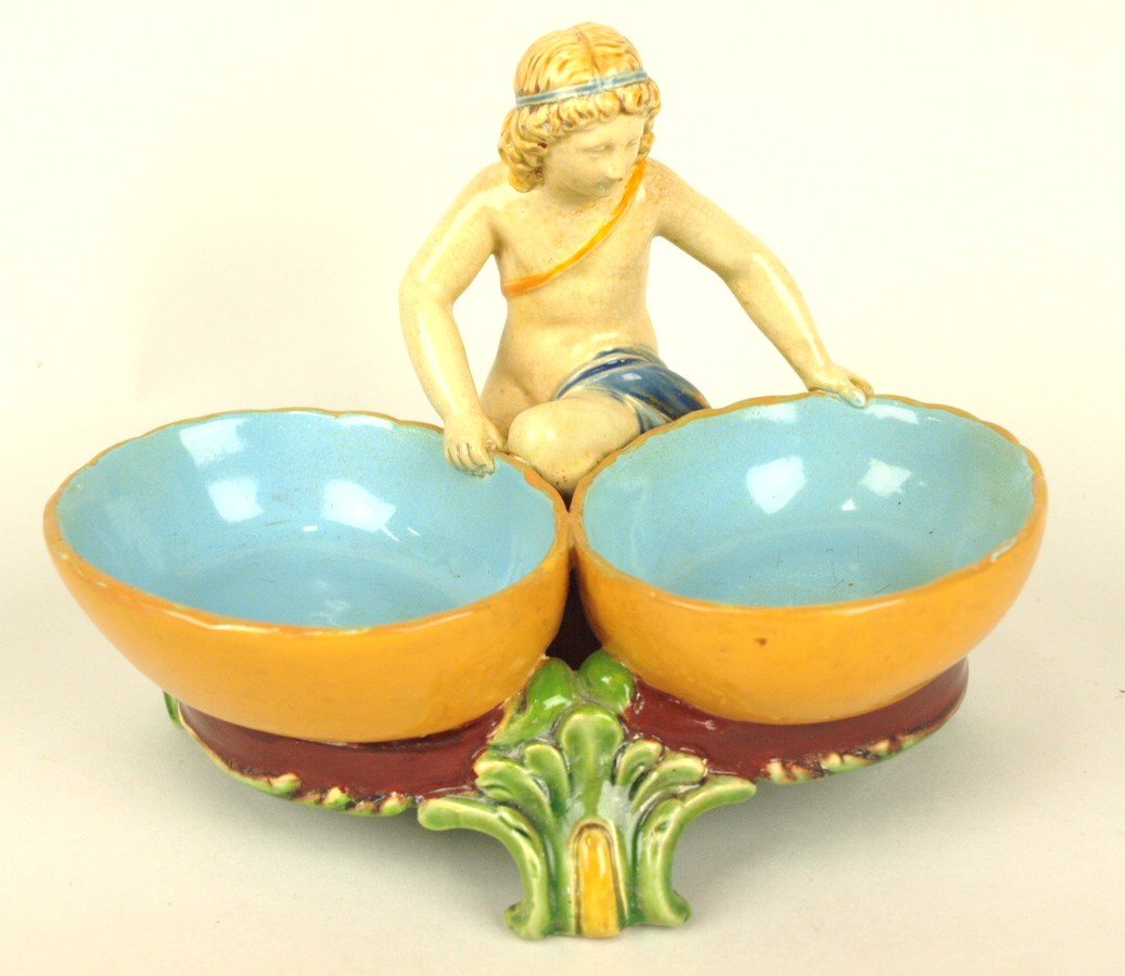 Minton Majolica figural double salt with cherub, shape (1 of 1)