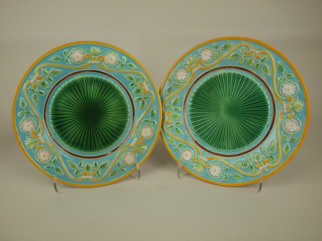 George Jones Majolica pair of turquoise flower rim: George Jones Majolica pair of turquoise flower rim plates, 9", minor rim nick to one