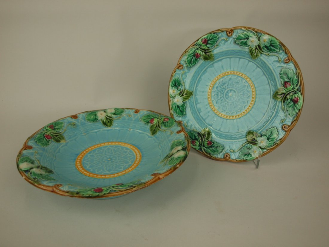 Sarreguemines Majolica turquoise strawberry compote, 9: Sarreguemines Majolica turquoise strawberry compote, 9 1/4" and 8" plate, hairline to compote