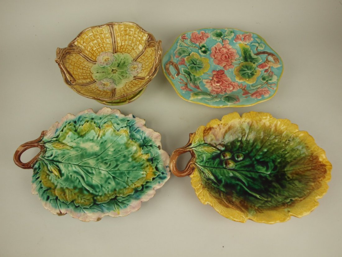 Majolica lot of 3 platters and one compote, various (1 of 1)