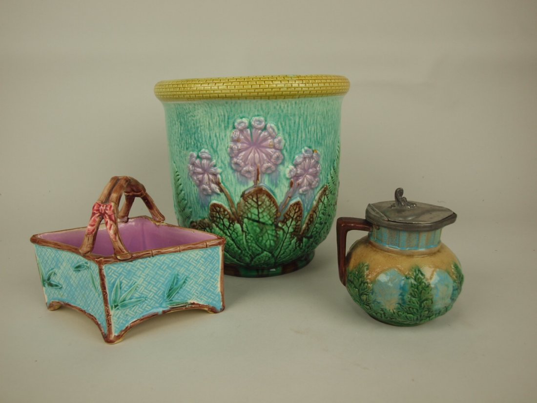 Majolica group: cache pot, basket, & syrup pitcher, (1 of 1)