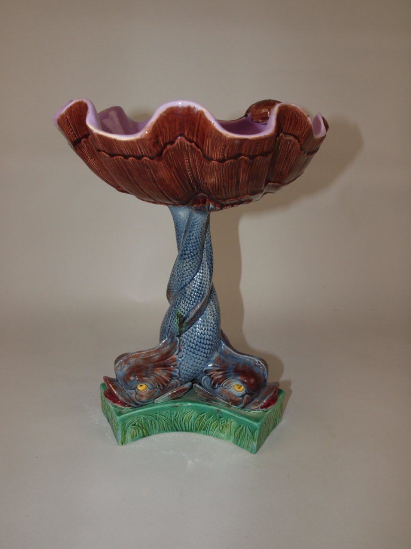 Holdcroft Majolica triple dolphin and shell compote, 12 (1 of 1)