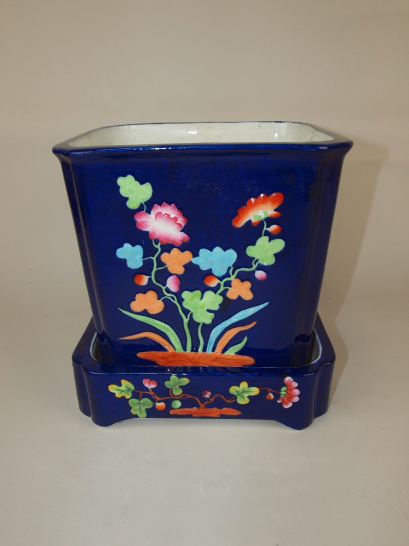 New Stone Majolica cobalt cache pot and stand, 9 1/2" (1 of 4)