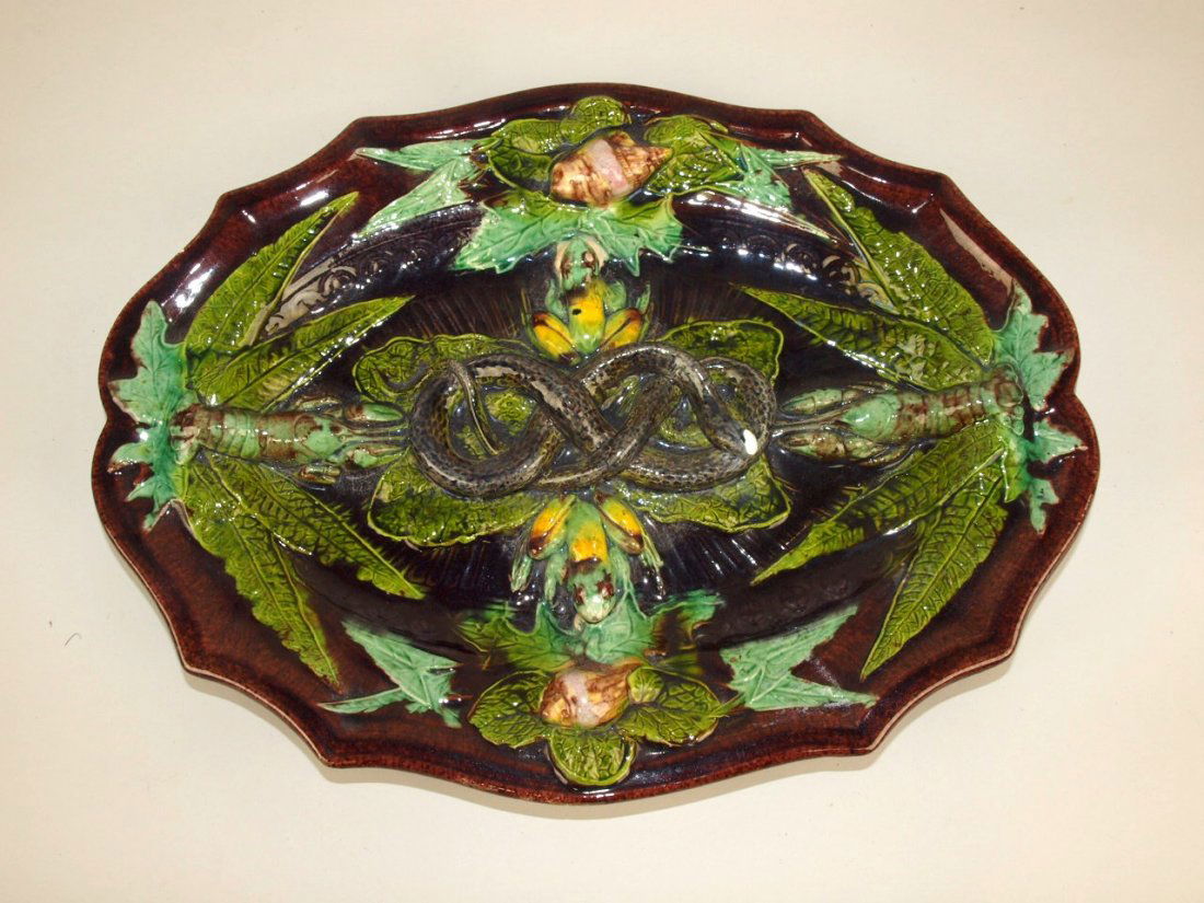 Palissy Majolica 16" tray with snake (repair to head), (1 of 3)