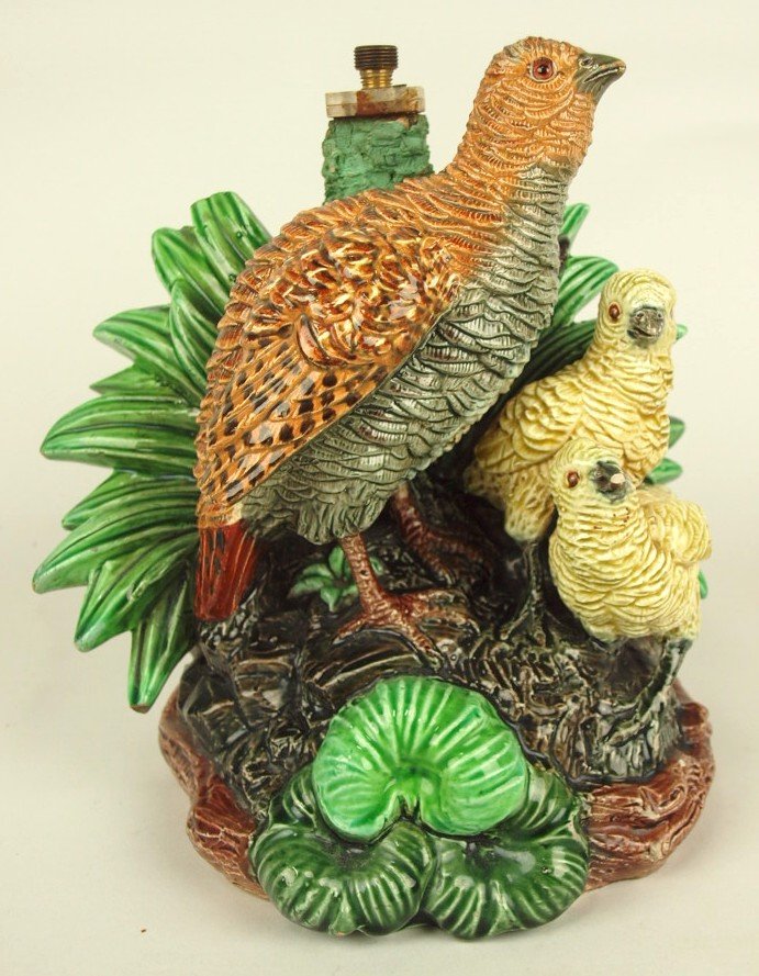 Hugo Lonitz Majolica partridge base, repairs & losses,: Hugo Lonitz Majolica partridge base, repairs & losses, 8"