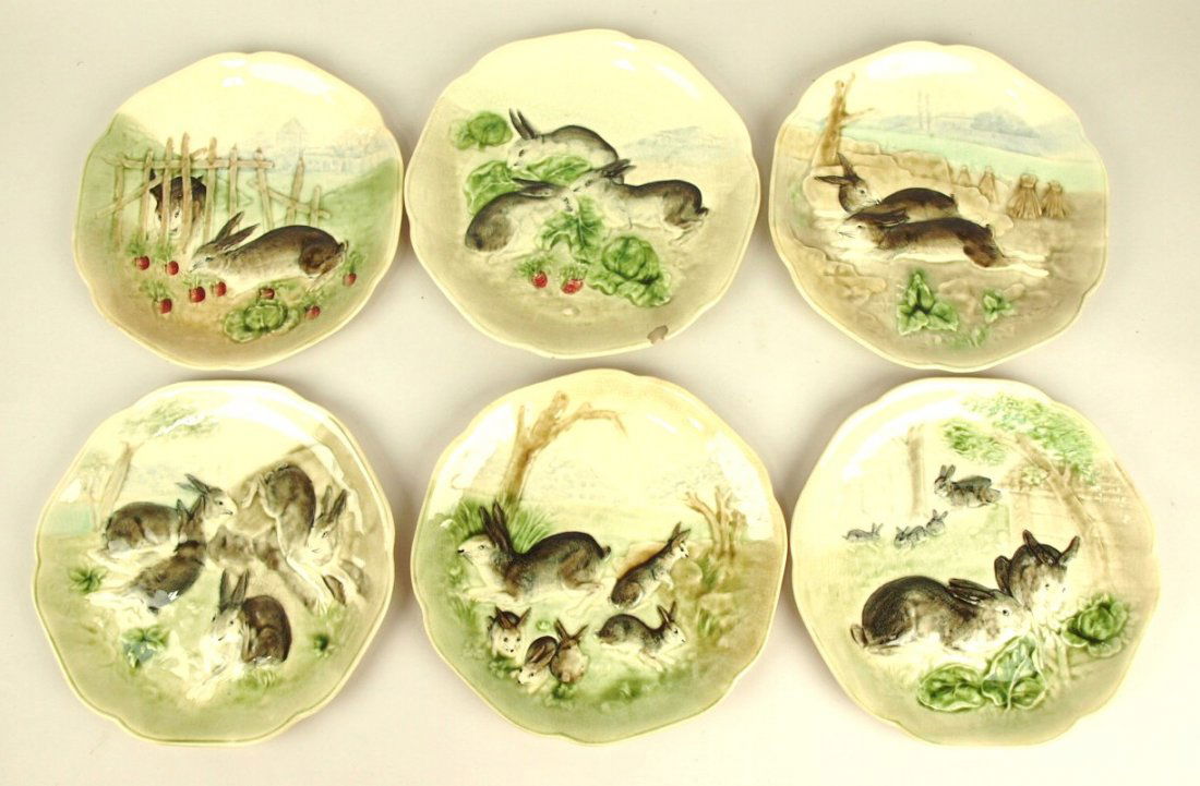 Choisy le Roi set of 6 French Majolica rabbit plates, 8 (1 of 1)