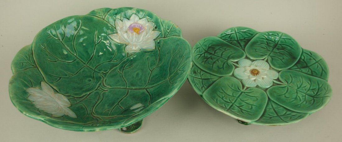 Holdcroft Majolica pond lily bowl 11" and pond lily: Holdcroft Majolica pond lily bowl 11" and pond lily cake stand