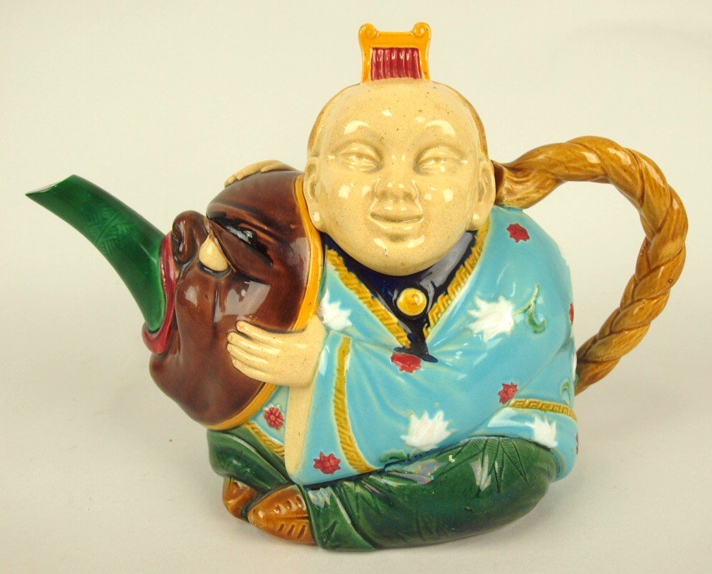 Minton Majolica Chinaman figural teapot, large size,: Minton Majolica Chinaman figural teapot, large size, professional spout repair